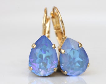 BLUE MINIMALIST EARRINGS,  Blue Pear Drop Earrings, Rhinestone Earrings, Bridal Shower Gift,Weddings Jewelry, Teardrop Simple Lever