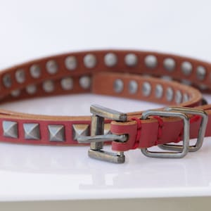 RED Leather belt, Metal Studs Leather belt, Dainty leather belt, Thin leather belt for women, Skinny Red leather belt, Narrow leather belt