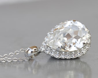 Crystal Bridal Necklace, Rhinestone Pear Pendant, Silver Wedding Jewelry