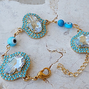 Hamsa bracelet, Evil eye bracelet, Evil eye charm, Turkish evil eye jewelry, Turquoise bracelet,  bracelet, Gold hamsa hand, Blue