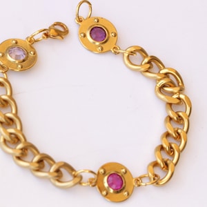 Gold Chain Bracelet, Gold Pink Fuchsia And Purple Bracelet, Valentine&#39;s Day Gift for Wife Girlfriend, Love Gift, Link Bracelet, For Her She