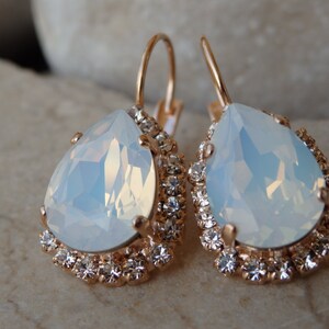 White Opal Earrings, Drop-Shaped Earrings, Rose Gold Crystal Jewelry, Deep White Gold Lever Back Earrings. Women's Earrings Gift. image 3