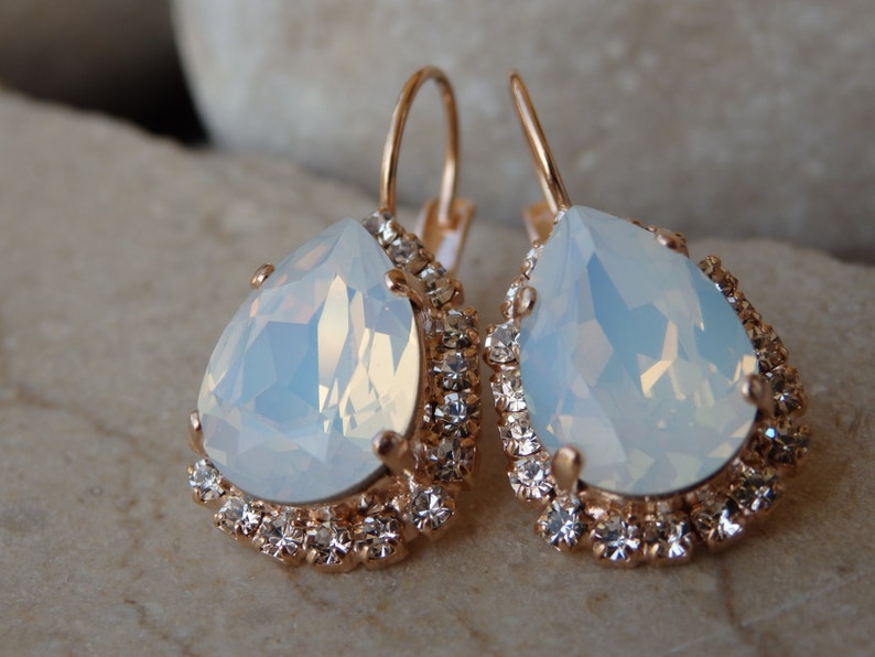 White Opal Earrings, Drop-Shaped Earrings, Rose Gold Crystal Jewelry, Deep White Gold Lever Back Earrings. Women's Earrings Gift. image 3