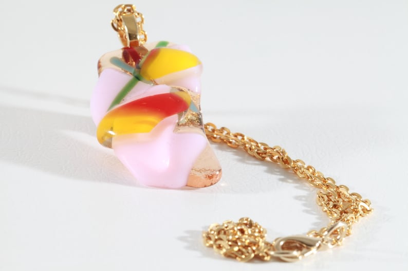 Handmade Glass Pendant Fused Glass Jewelry Multicolor Fused Glass Necklace for Her Fused Glass Necklace Pink Yellow Red Glass Necklace