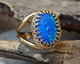 Opal Gold Ring, Blue Opal Ring, Blue Gemstone ring, Blue Solitaire Ring, October Birthstone Ring, Opal GoldFilled Ring, Blue Opal jewelry