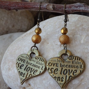 Engraved love dangle earrings. Valentine day for girlfriend . Bronze earrings . Heart shaped earrings. Beaded earrings. Love jewelry.