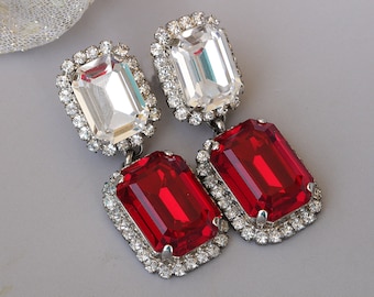 Brincos pendentes de cristal vermelho, joias para a noite, brincos de noiva.