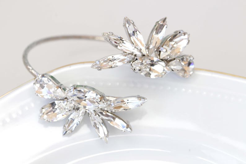 WHITE BRIDAL BRACELET, Crystal shops Bracelet, Unique Cuff Bracelet, Crystal Wedding Bracelet, Cluster Open Cuff, Rhinestone Bracelet