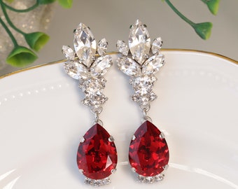 RUBY RED EARRINGS, Red Earrings,  Earrings, Long Chandelier Earrings, Anniversary Jewelry Gift For Wife, Crystal Cocktail Earrings