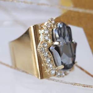 HAMSA RING, Eye Ring, Gray  Ring, Hand Ring, Hematite Crystal Ring, Gold Plated Ring, Adjustable Cocktail Ring, Hand Of Fatima Ring