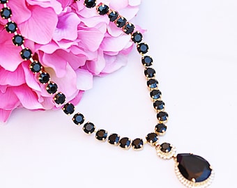 Collana con ciondolo a forma di goccia in cristallo nero, gioielli formali