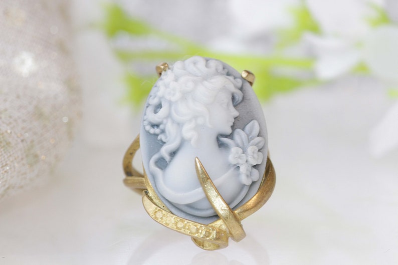 CAMEO RING, Art Deco Boho Ring, Black And White Ring, Gray Cameo Ring, Unique Engagement Ring, Gold Filled Ring, Women's Statement Ring Gift image 5