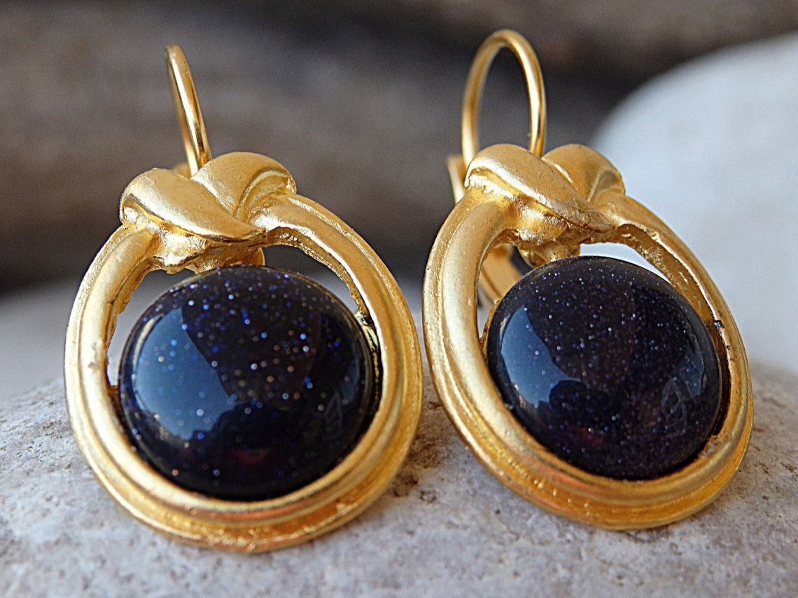 Gold Sandstone Earrings Dark Blue Gemstone Earrings Etsy UK
