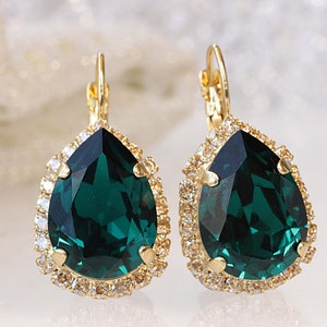 EMERALD GOLD EARRINGS, Emerald  Wedding, Dark Green Crystal Drop Earrings, Emerald Champagne Leverback earrings, Emerald Bridesmaid