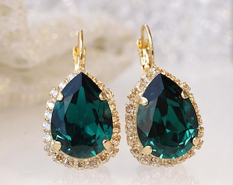 EMERALD GOLD EARRINGS, Emerald  Wedding, Dark Green Crystal Drop Earrings, Emerald Champagne Leverback earrings, Emerald Bridesmaid