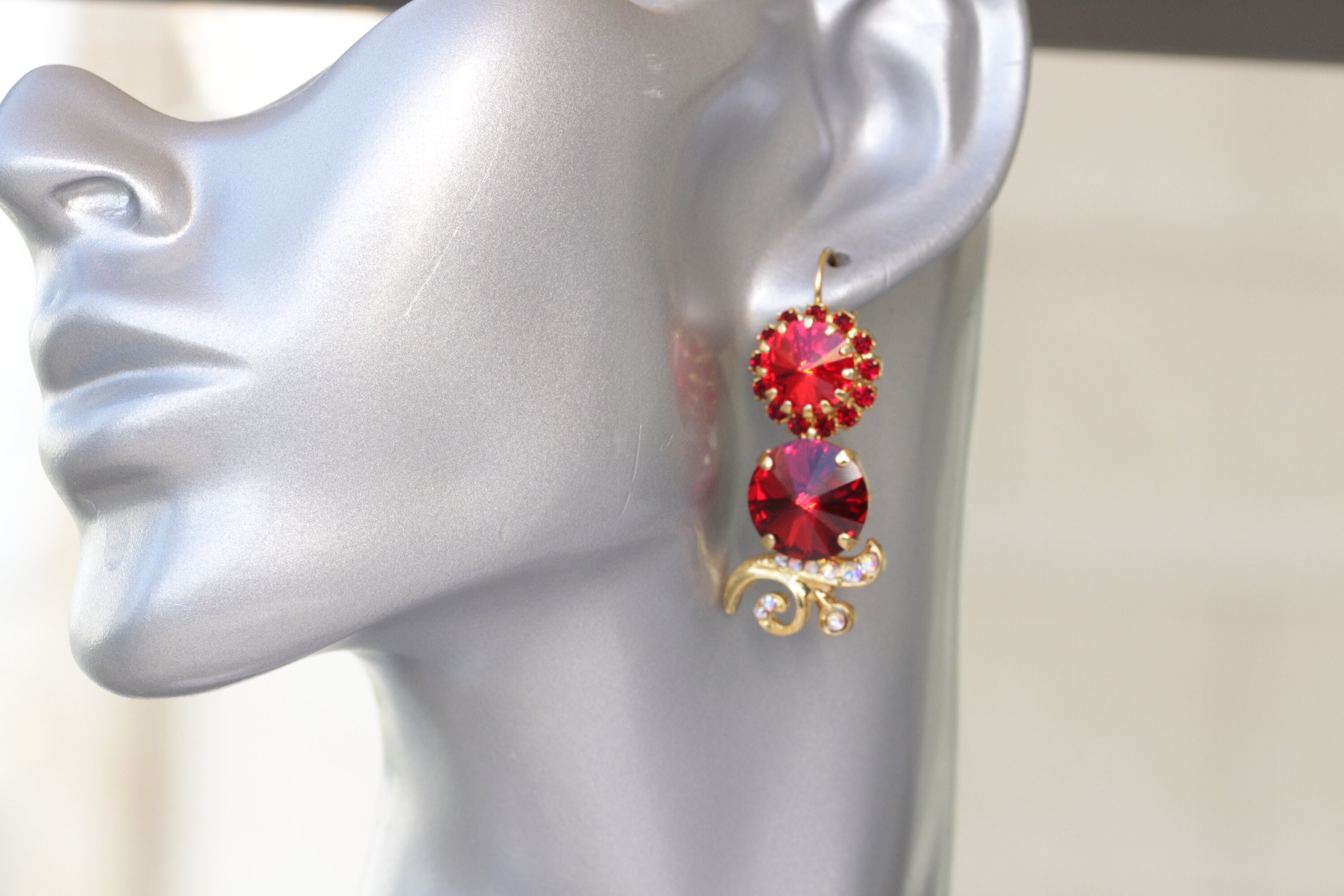 Red Crystal-Embellished Drop Earrings RED DROP EARRINGS| Rebekajewelry main image 2