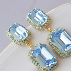 AQUAMARINE TURQUOISE EARRINGS, Blue Formal Wedding Earrings, Long Earrings, Light Blue Earrings, Art Deco Earrings,  Bride Chandeliers Gift