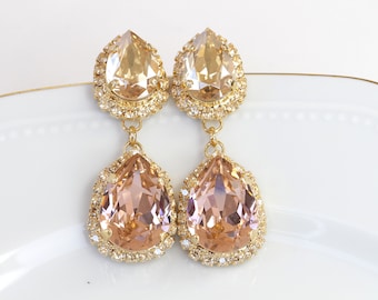 BLUSH CHANDELIER EARRINGS,  Woman Light Pink, Bridesmaid Morganite Long Earrings, Bride Jewelry Gift, Wedding Champagne Earrings