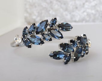 Navy Blue Crystal Leaf Bracelet, Adjustable Bridal Cuff