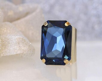Emerald Cut Navy Crystal Statement Ring, Gold Plated, Adjustable
