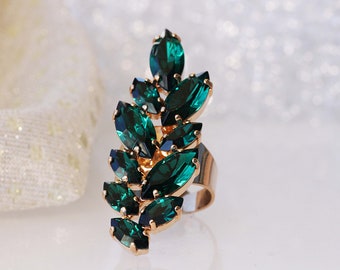 Emerald Crystal Leaf Ring: Adjustable Cocktail Ring