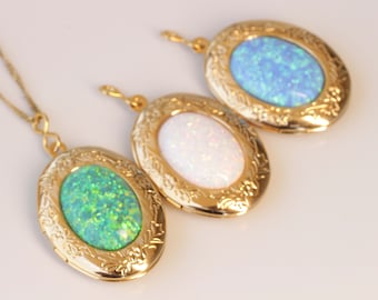 Opal Locket Necklace, Choose Your Color,Keepsake, Oval Locket,Gift For Her,  Fire Opal Necklace, Photo Locket Necklace, Locket Gold Pendant