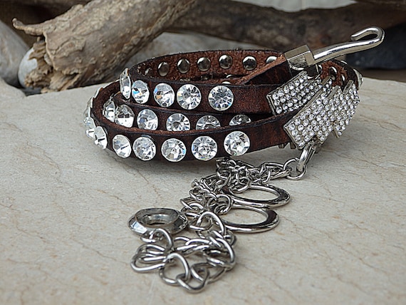 Skinny Leather Belt. Crystal Belt. Brown Leather Belt. Thin  display picture 3