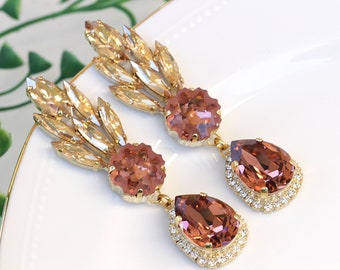 Pink Crystal Dangle Earrings: Rose Gold Bridal Champagne Earrings