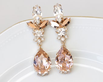 BLUSH BRIDAL EARRINGS,Bridal  Morganite Earrings,  Crystals earrings, Rose gold earrings, chandelier earrings, Vintage Looking,Gift