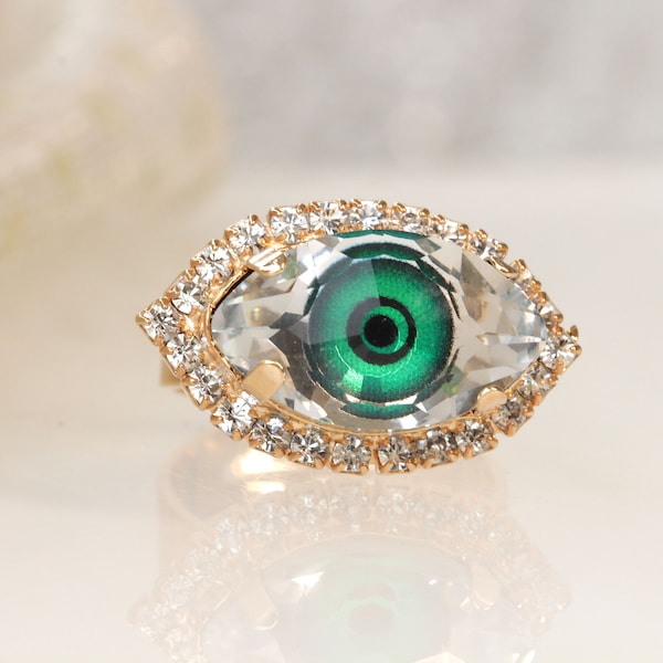 ANNEAU D’OEIL, anneau vert de protection d’oeil, anneau de cristaux, bijoux d’oeil mauvais, anneau d’oeil de mal d’émeraude, bijoux tendance gothiques, bijoux de Boho