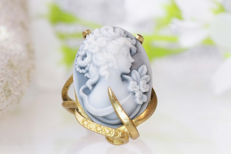 CAMEO RING, Art Deco Boho Ring, Black And White Ring, Gray Cameo Ring, Unique Engagement Ring, Gold Filled Ring, Women's Statement Ring Gift image 6