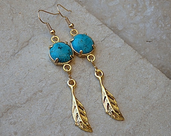 Turquoise Earrings, 24k Gold Plated, Feather Drop Earrings