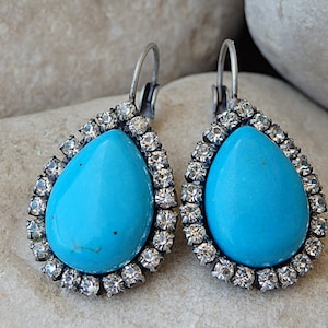 Silver Drop Shape Turquoise Earrings, Blue Turquoise Drop Earrings with  Around, Turquoise Teardrop Earrings, Turquoise Jewelry