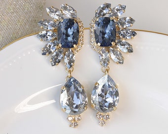 BLUE CHANDELIER EARRINGS, Statement Earrings, Wedding Dusty Blue Jewelry, Bridal Earrings, Navy Blue  earrings, Cluster Dangles