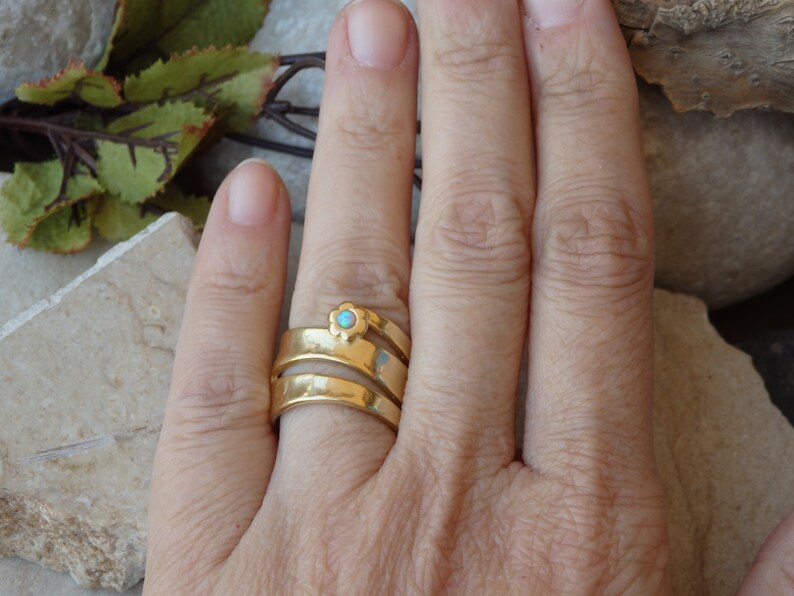 Warp ring Flower ring Gemstone ring for woman Bypass ring Gold ring Chunky ring Blue opal ring Large ring Lovely birthstone ring