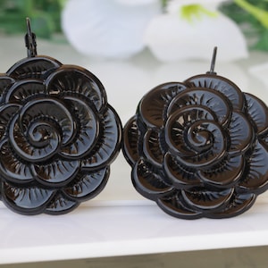 BLACK FLOWER EARRING, Black Flower Jewelry, Black Boho Earring, Black Big earrings, Black Evening Earrings, Black Rose , Bohemian Jewelry