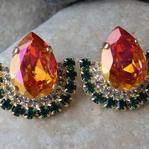 Emerald Tangerine Earrings, Crystal  Stud Earrings, Gold Green Orange Crystal Earrings, Teardrop Halo Earrings, Estate Jewelry Gift
