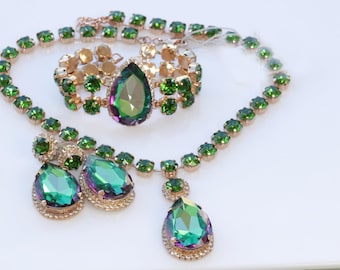 Emerald Crystal Jewelry Set, Pink Green Teardrop