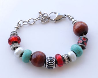 COLORFUL BEADED BRACELET, Wood bracelet, Turquoise Beads Bracelet,Pearls Beaded bracelet,Red White Blue Silver Bracelet, Turquoise and brown