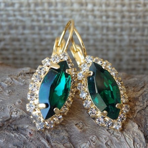 Clear Emerald Drop Earrings. Halo Emerald Green Earrings. Bridal Emerald Earrings. Oval Crystal Earrings. Green Crystal Rhinestone Earrings