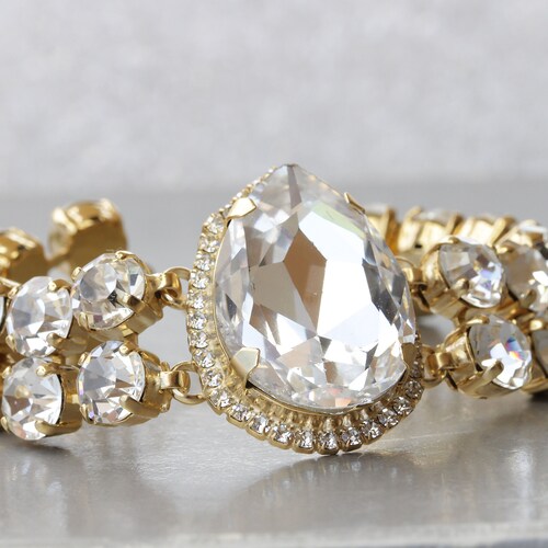 CRYSTAL STATEMENT BRACELET, Bridal Bracelet, Gold Clear Rhinestone Bangle, Wedding Formal Bride Jewelry, Teardrop Tennis Bracelet shops
