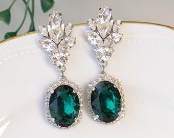 EMERALD GREEN EARRINGS, Bridal Emerald Earrings, Crystals Emerald Evening Earrings,  Prom Jewelry,Mother Of The Brides Long Earring
