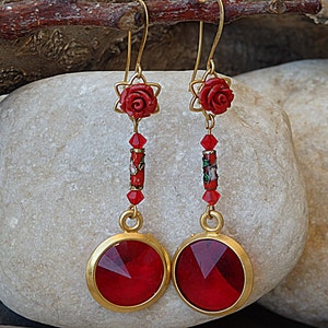 Red coral earrings. Red rose earrings. Red  earrings. Red coral jewelry. Romantic rose earrings. Red flower earrings. Long earrings