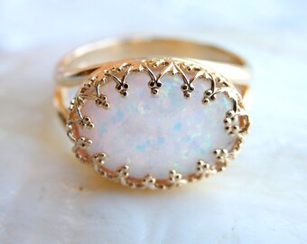Gold White Opal Ring, Oval Opal Ring, October Birthstone, Gemstone ring, Opal GoldFilled Ring, Rounded Opal Ring, Opal Jewelry Gift Ideas