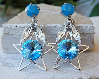 Aquamarine crystal earrings, Crystal  Earrings, Drop dangle earrings, Star shaped earrings, Gift for mother, Bridal, Blue, Silver