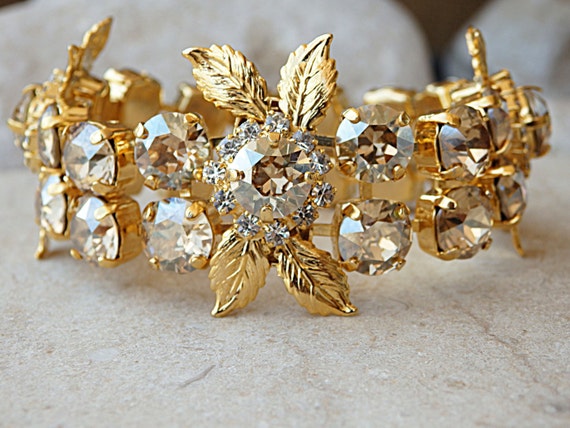 Gold Bracelet Gold Champagne Bracelet Leaf Crystal Bracelet Gold Gemstone Bridal Bracelet Rhinestone Bridesmaid Bracelet Gift Etsy