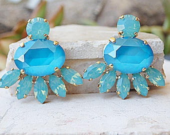 Blue Bridal Earrings, Turquoise  Earrings, Cluster Earrings, Big Stud Earrings, Something Blue For Bride,Blue Opal Crystal Earrings