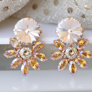 BRIDAL PEACH EARRINGS, Large Stud Earrings, Morganite Earrings, Christmas Gift, Orange Small Cluster  Earring,Blush Wedding Jewelry