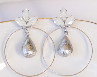 OPAL HOOP EARRINGS, White Opal  Earrings, Bridal Hoops, Wedding Hoops, Silver Earrings, Hoop Dangle Earrings, Bridesmaid Earrings
