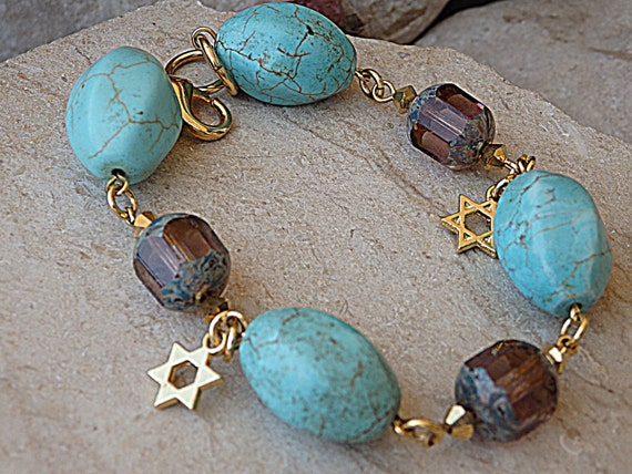 Turquoise bracelet. December gemstone jewelry, Turquoise Beads Bangle,Beaded bracelet. Star of David Charms, Turquoise and brown bracelet